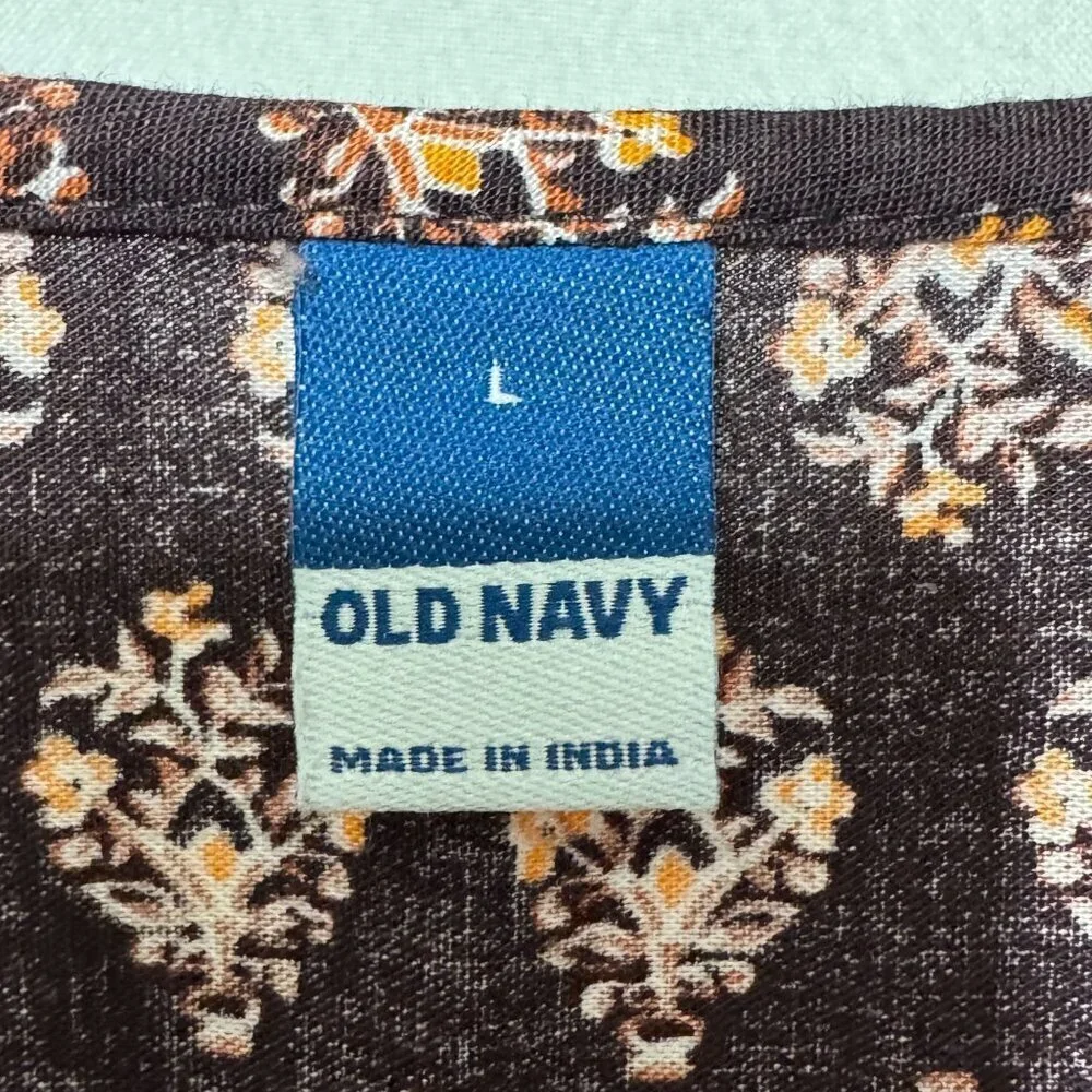 Old Navy Long Ballon Sleeve Smocked Brown Printed Poet Peasant Blouse Size Large